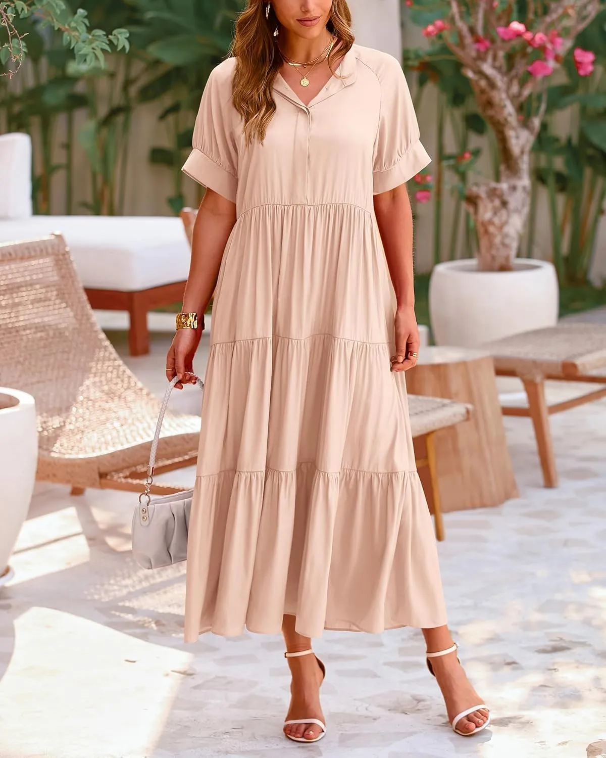 dowerme Women's Summer Dresses 2025 Casual Short Sleeve Button Loose Fit Pleated Boho Flowy Swing Long Beach Sun Dress