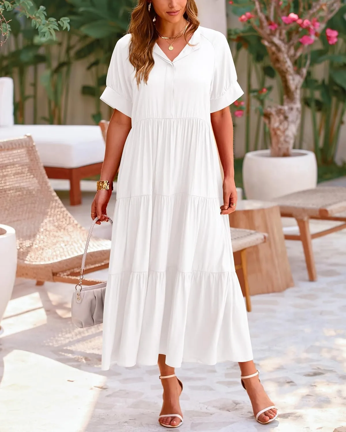 dowerme Women's Summer Dresses 2025 Casual Short Sleeve Button Loose Fit Pleated Boho Flowy Swing Long Beach Sun Dress