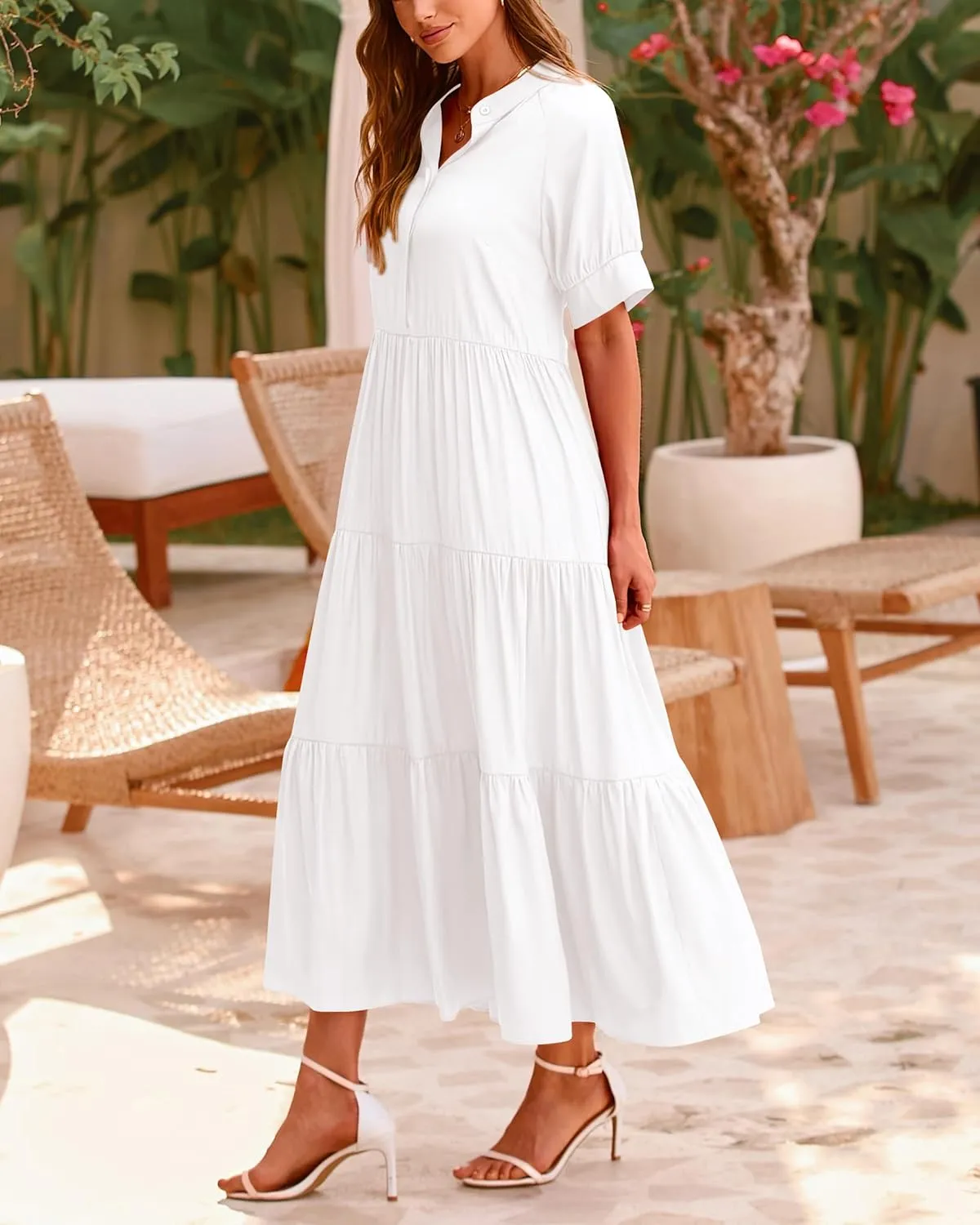 dowerme Women's Summer Dresses 2025 Casual Short Sleeve Button Loose Fit Pleated Boho Flowy Swing Long Beach Sun Dress