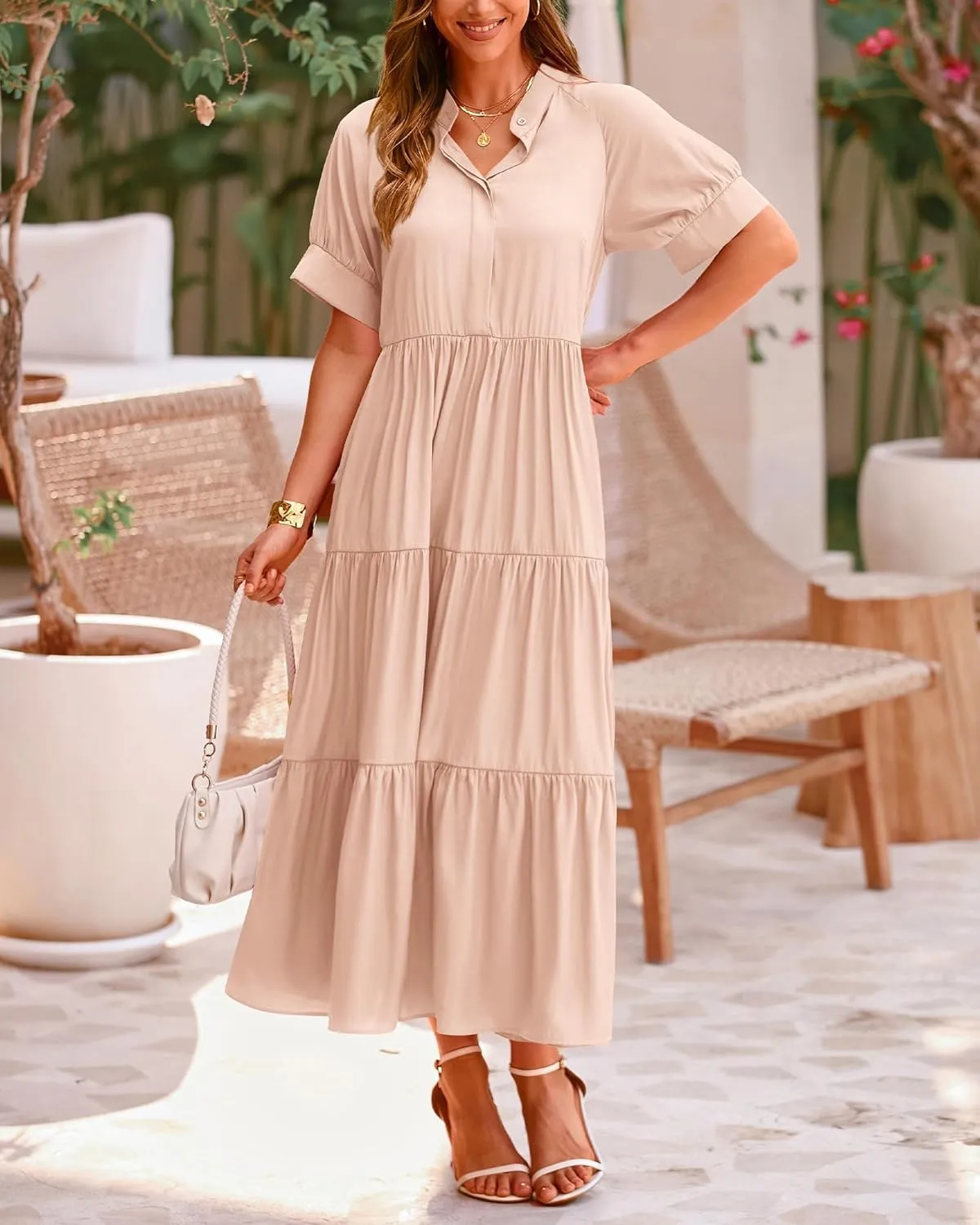 dowerme Women's Summer Dresses 2025 Casual Short Sleeve Button Loose Fit Pleated Boho Flowy Swing Long Beach Sun Dress