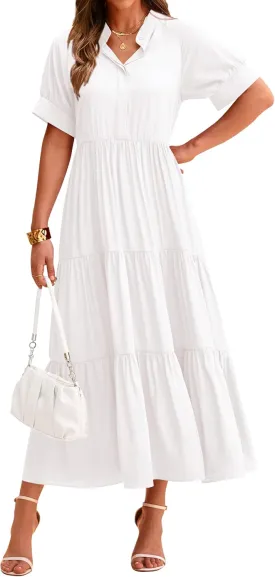 dowerme Women's Summer Dresses 2025 Casual Short Sleeve Button Loose Fit Pleated Boho Flowy Swing Long Beach Sun Dress