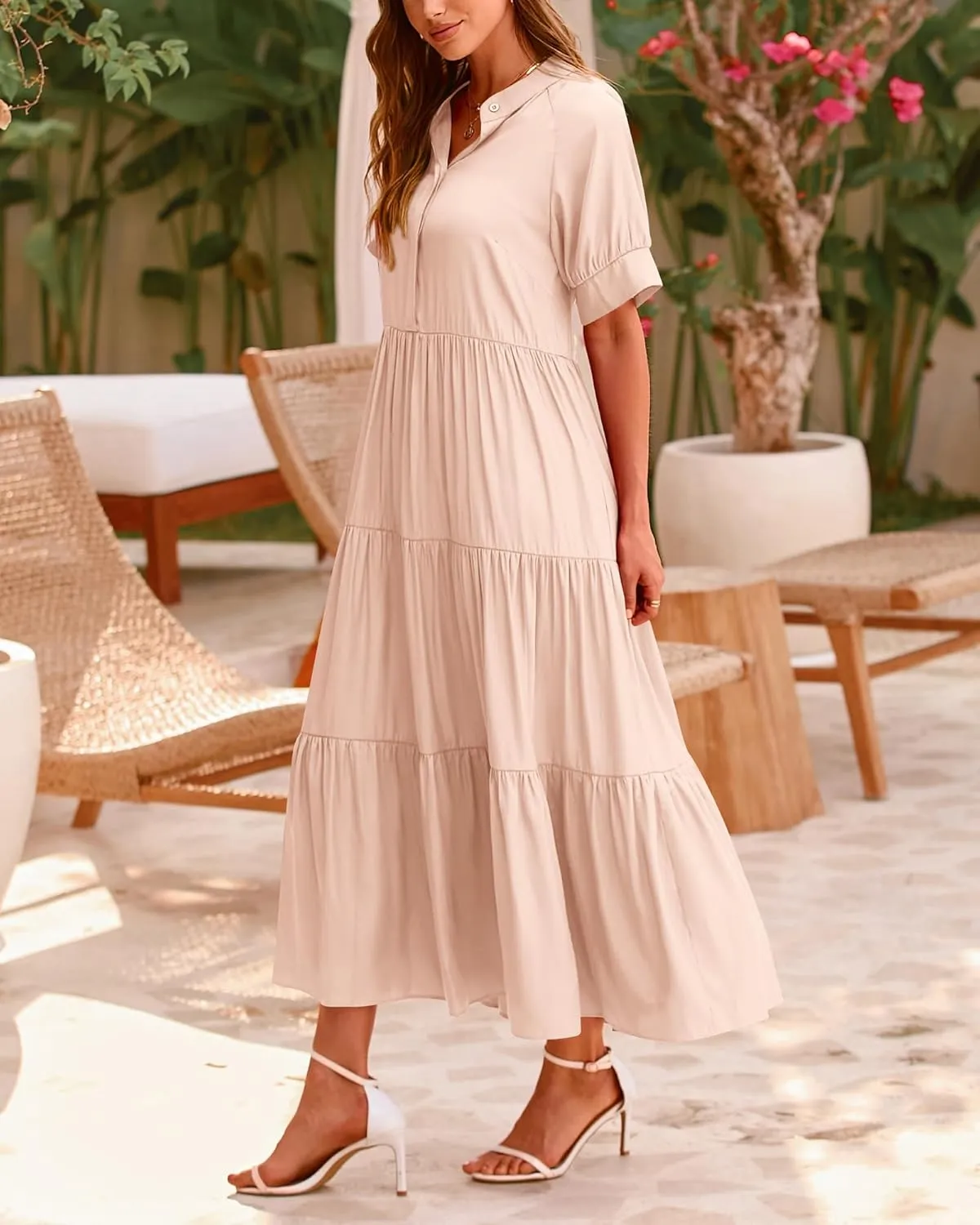 dowerme Women's Summer Dresses 2025 Casual Short Sleeve Button Loose Fit Pleated Boho Flowy Swing Long Beach Sun Dress