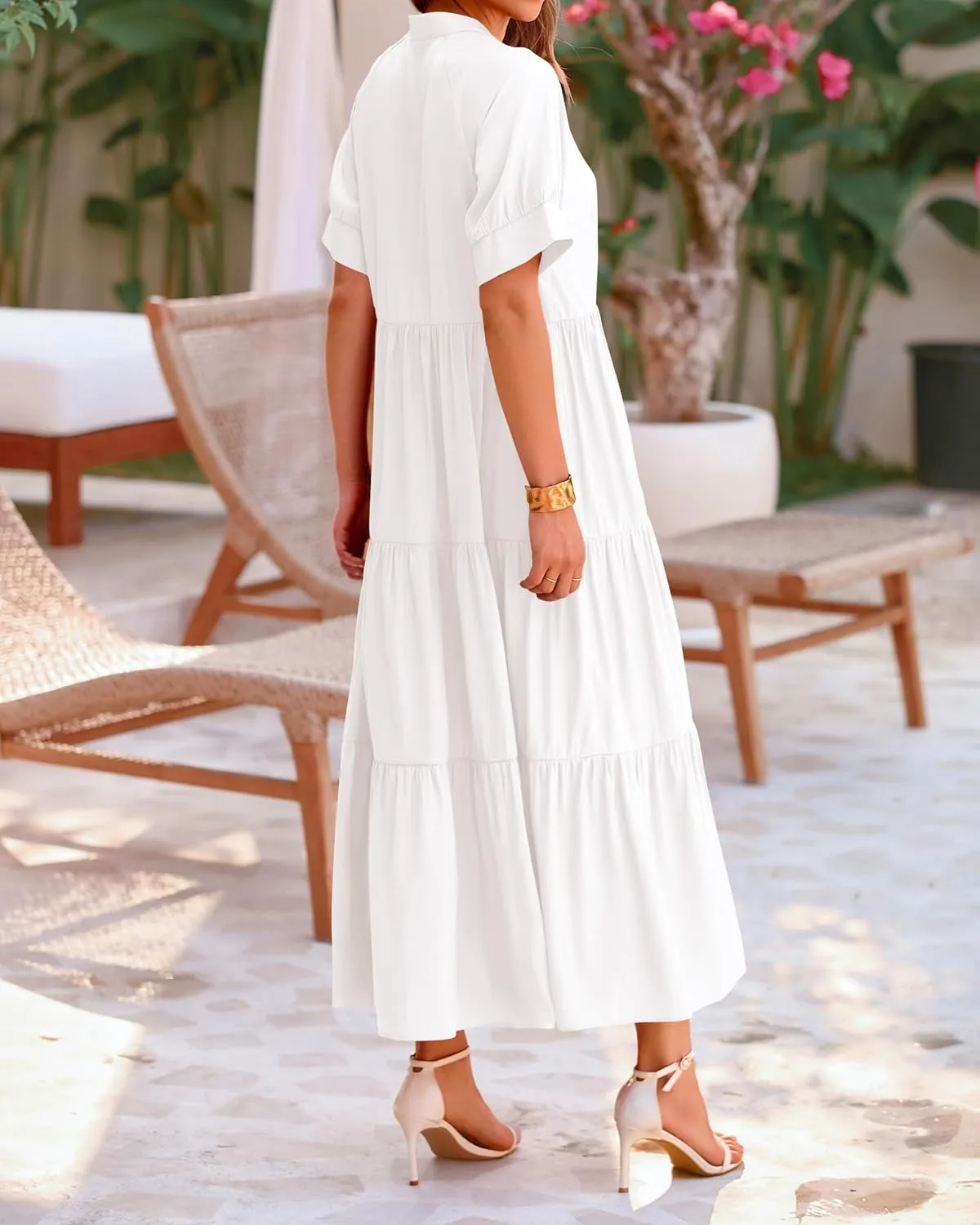 dowerme Women's Summer Dresses 2025 Casual Short Sleeve Button Loose Fit Pleated Boho Flowy Swing Long Beach Sun Dress