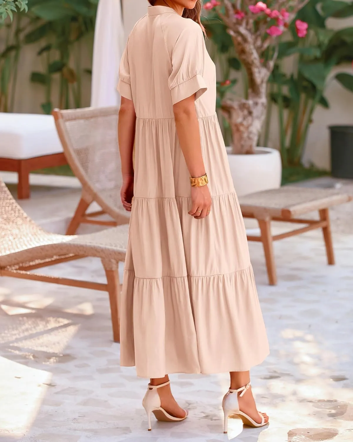 dowerme Women's Summer Dresses 2025 Casual Short Sleeve Button Loose Fit Pleated Boho Flowy Swing Long Beach Sun Dress