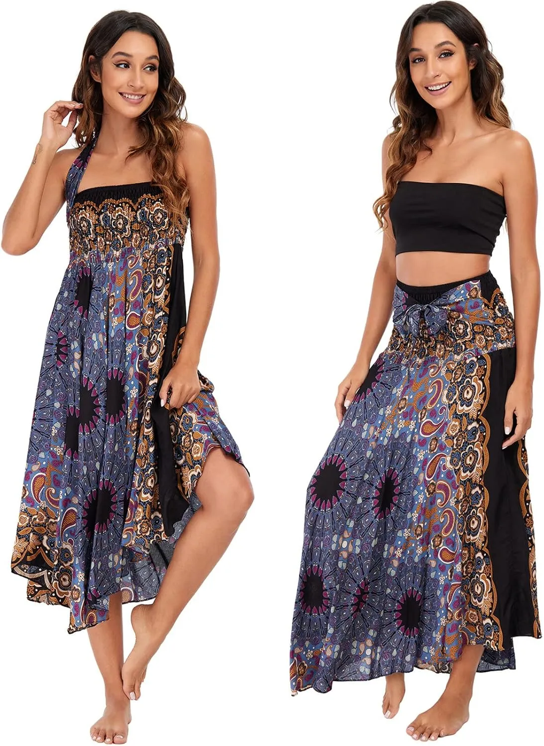 FEOYA Hippie Skirt Boho Skirts for Women Long Gypsy Dress Summer Beach Bohemian Maxi Skirt 2-in-1 Hippy Clothing
