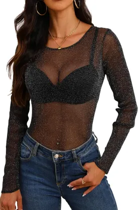 GUANYY Womens Long Sleeve Boat Neck Glitter Tops Sheer Sparkly Blouse Sexy See Through Layering Shirts
