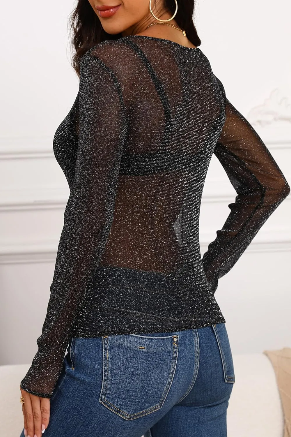 GUANYY Womens Long Sleeve Boat Neck Glitter Tops Sheer Sparkly Blouse Sexy See Through Layering Shirts