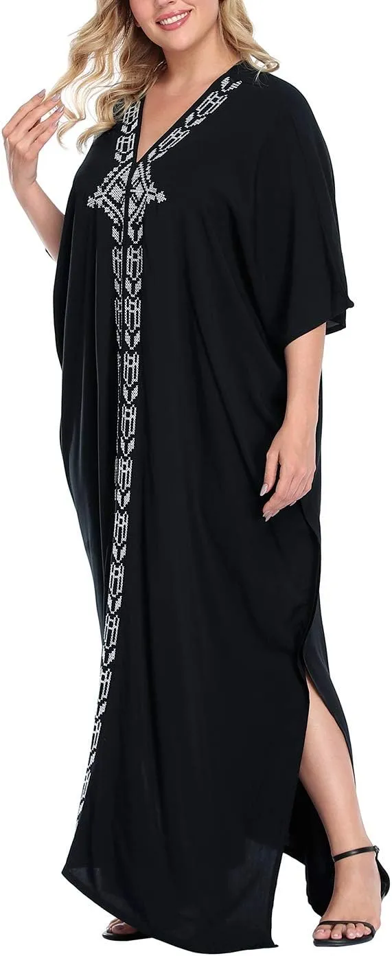 HDE Women UPF 30  Kaftan Dress Oversize V Neck Long Plus Size Maxi Swim Cover Up