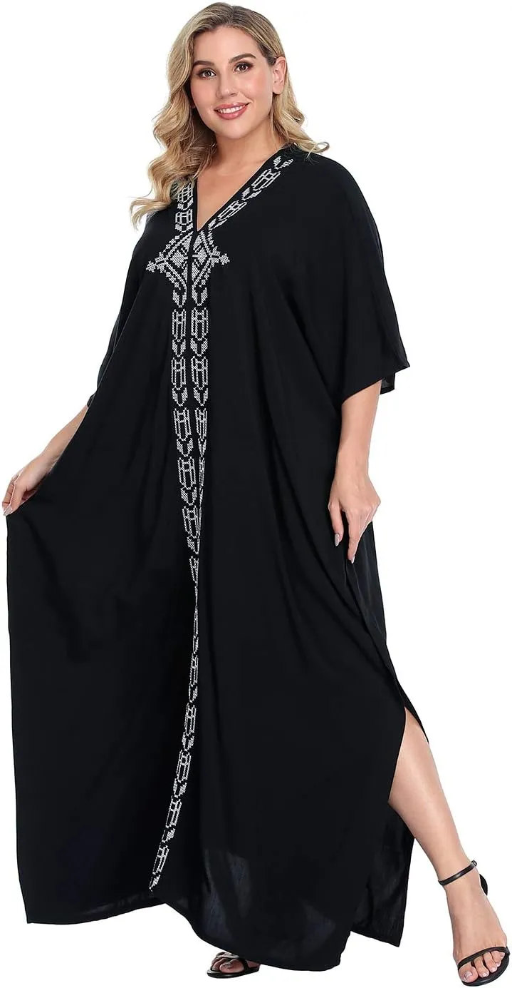 HDE Women UPF 30  Kaftan Dress Oversize V Neck Long Plus Size Maxi Swim Cover Up