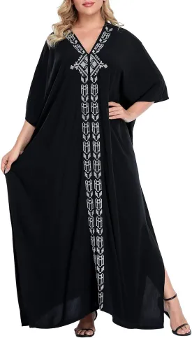HDE Women UPF 30  Kaftan Dress Oversize V Neck Long Plus Size Maxi Swim Cover Up