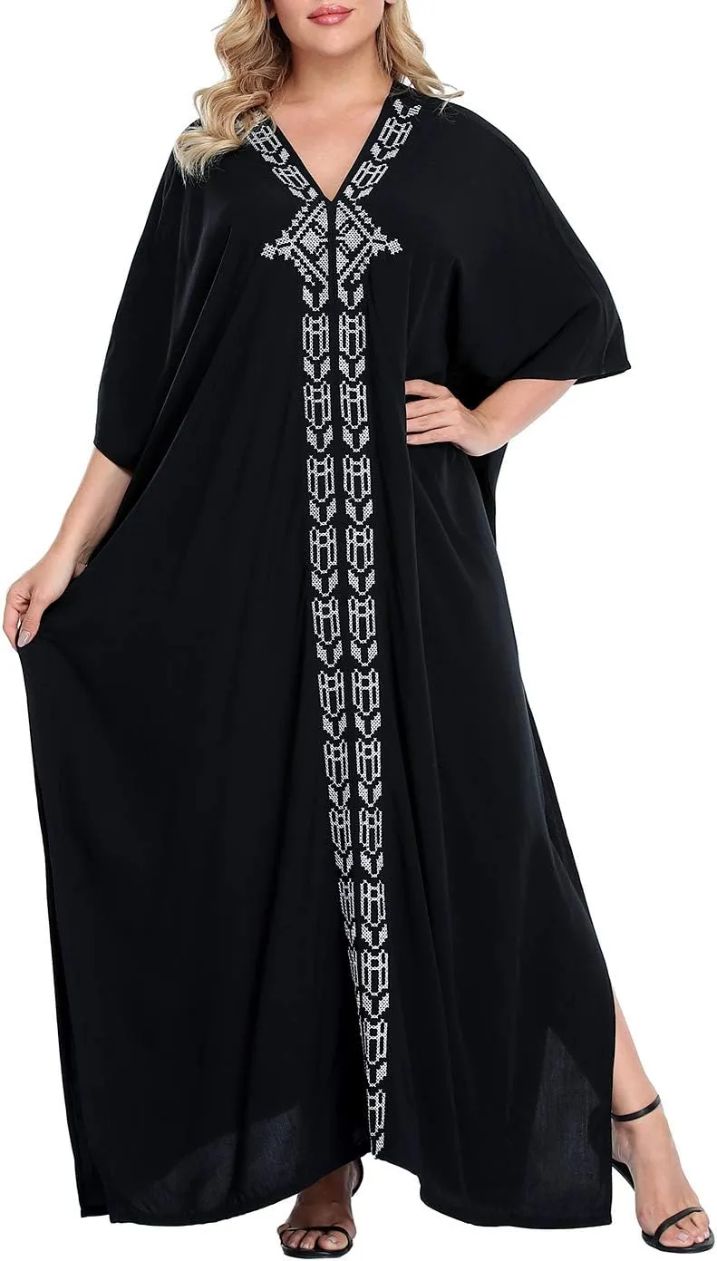 HDE Women UPF 30  Kaftan Dress Oversize V Neck Long Plus Size Maxi Swim Cover Up