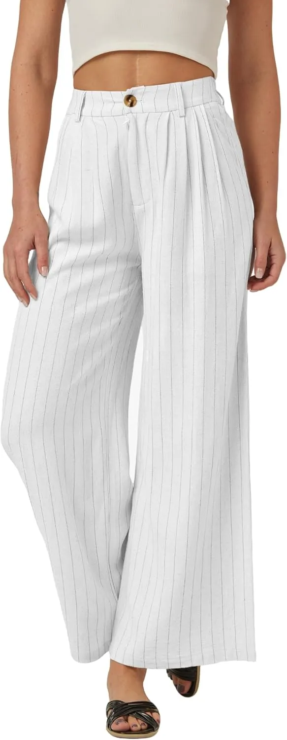 heipeiwa Women's Linen Pants Striped Culottes Summer Wide Leg Trouser Dress Casual Capris