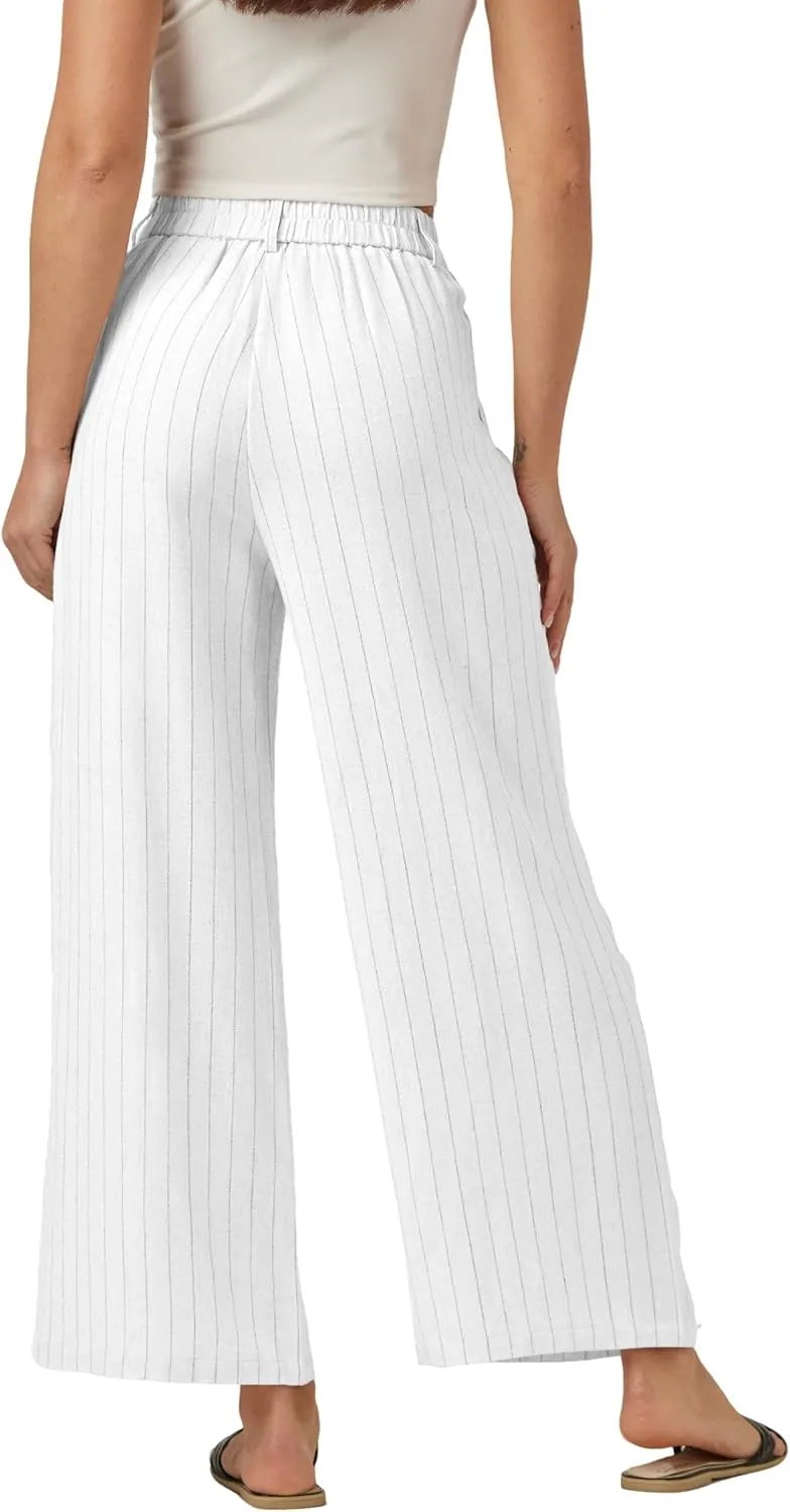 heipeiwa Women's Linen Pants Striped Culottes Summer Wide Leg Trouser Dress Casual Capris