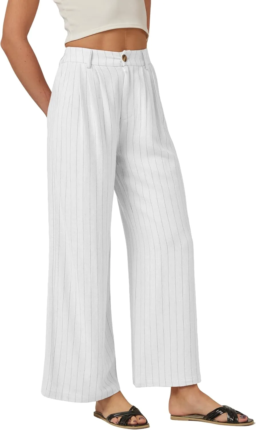 heipeiwa Women's Linen Pants Striped Culottes Summer Wide Leg Trouser Dress Casual Capris