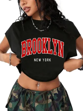 Hilinker Women's Graphic Cap Sleeve Crop Tops Cute Summer Loose Fit Crew Neck T Shirts
