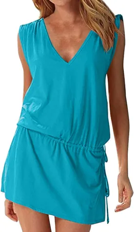 Hount Women's Beach Swimsuit Cover up Deep V-Neck Short Mini Dress Beach Skirt