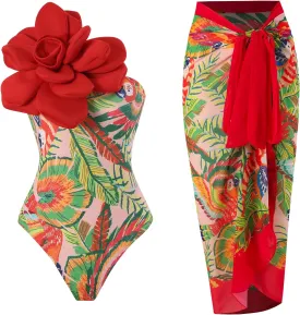 IBAKOM One Piece Swimsuit with Cover Ups Women Push Up Two Pieces Bathing Suit Sexy Bikini Set Wrap Skirt Swimwear Sarong