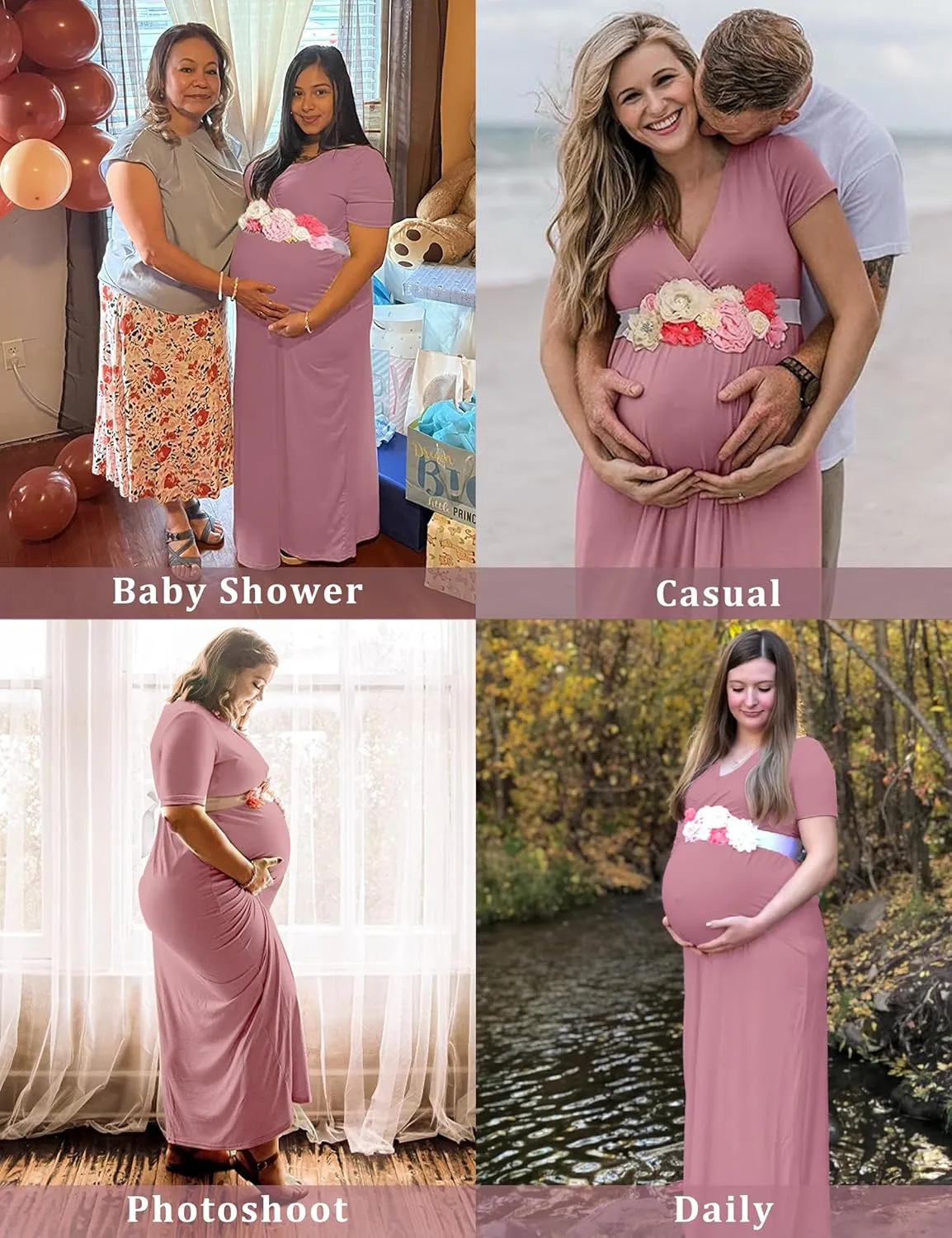 KIM S Maternity Maxi Dress with Flower Sash(S-3XL)/Wrapped Ruched V Neck Photoshoot Baby Shower Dresses