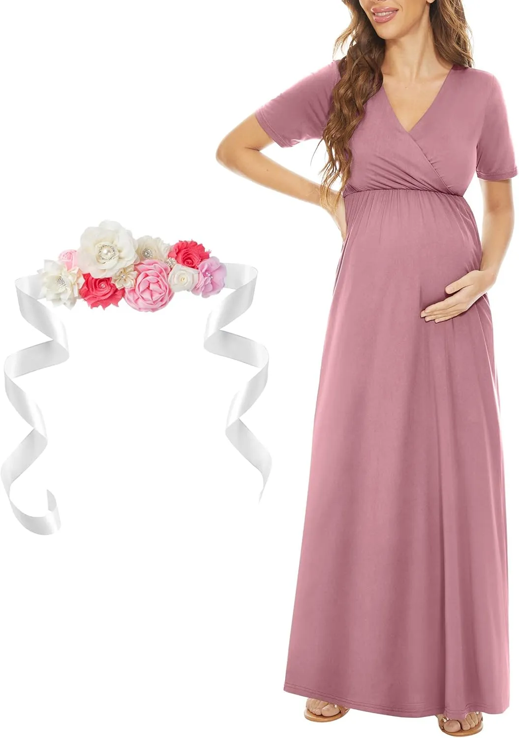KIM S Maternity Maxi Dress with Flower Sash(S-3XL)/Wrapped Ruched V Neck Photoshoot Baby Shower Dresses
