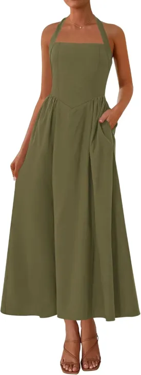 KIRUNDO Women Summer Sleeveless Halter Maxi Dress Sundress 2025 Casual Flowy Wedding Guest Cocktail Beach Vacation Dresses