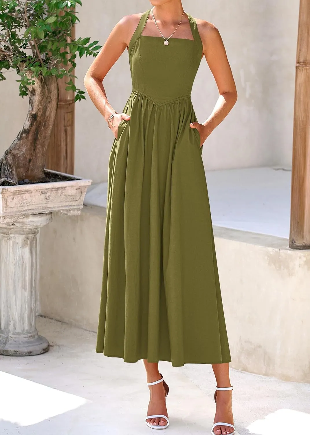 KIRUNDO Women Summer Sleeveless Halter Maxi Dress Sundress 2025 Casual Flowy Wedding Guest Cocktail Beach Vacation Dresses
