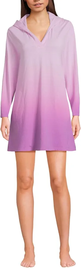 Lands' End Women's Cotton Jersey Long Sleeve Hooded Swim Cover-up Dress