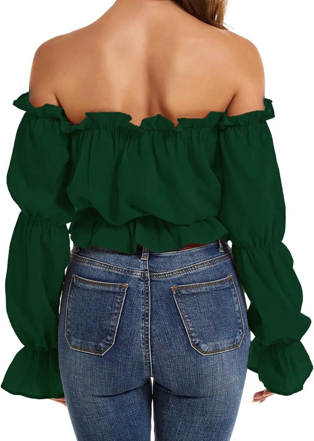 LYANER Women's Off Shoulder Ruffle Trim Puff Long Sleeve Tube Crop Blouse Shirt Top