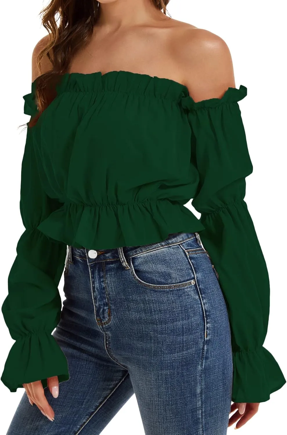 LYANER Women's Off Shoulder Ruffle Trim Puff Long Sleeve Tube Crop Blouse Shirt Top