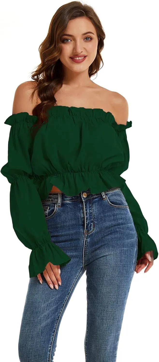 LYANER Women's Off Shoulder Ruffle Trim Puff Long Sleeve Tube Crop Blouse Shirt Top