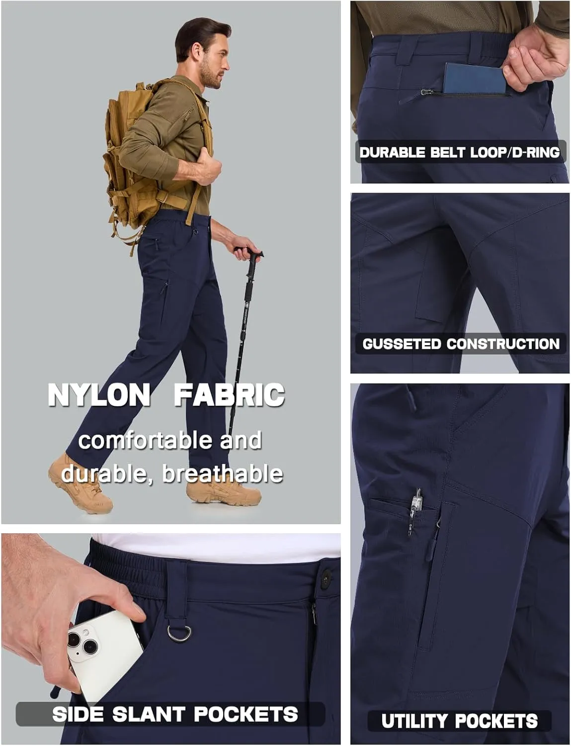 Mens Lightweight Cargo Hiking Patns Outdoor Quick Dry Work Tactical Pants with 6 Pockets Water Resistant Fishing Travel Pants