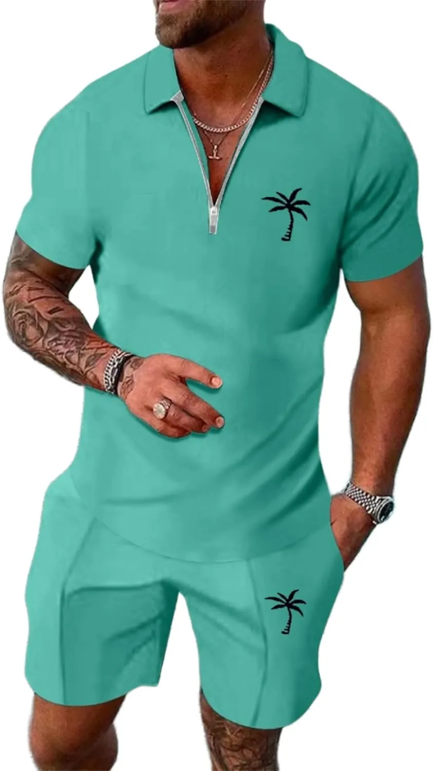 Mens Summer Track Suits 2 Piece Shorts Sets Short Sleeve Sweatsuit Outfits 1/4 Zip Golf Polo Shirt Breathable Loungewear