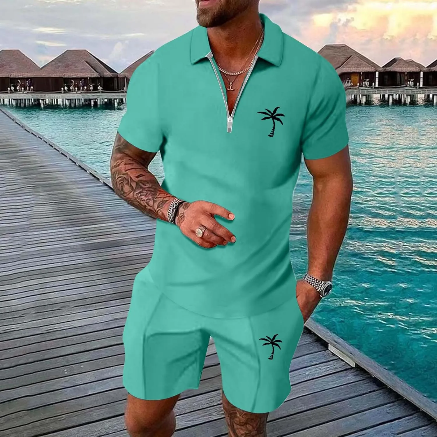 Mens Summer Track Suits 2 Piece Shorts Sets Short Sleeve Sweatsuit Outfits 1/4 Zip Golf Polo Shirt Breathable Loungewear