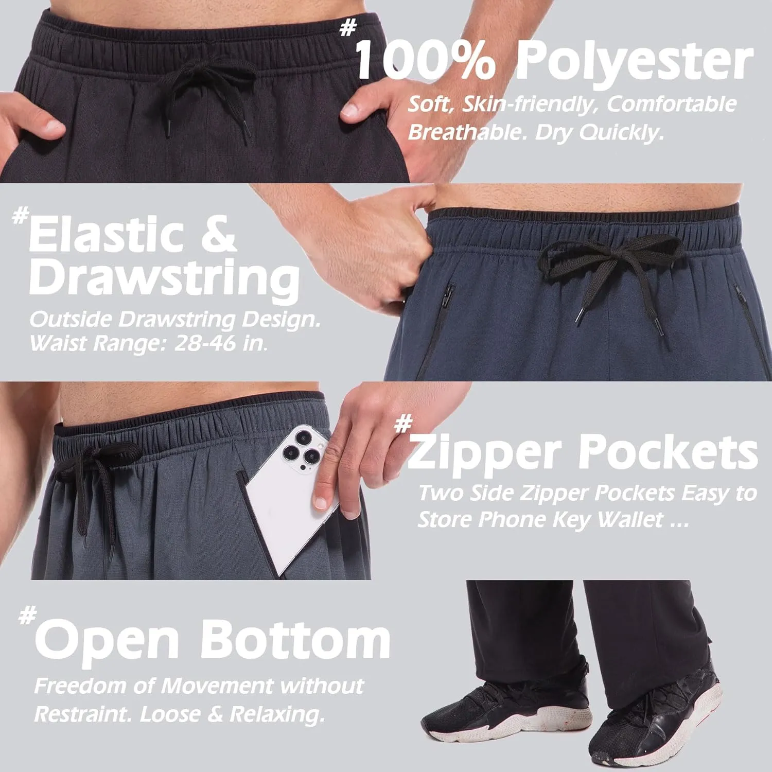 Mens Sweatpants with Zipper Pockets Open Bottom Athletic Pants for Workout,Running,Training,Jogging,Gym