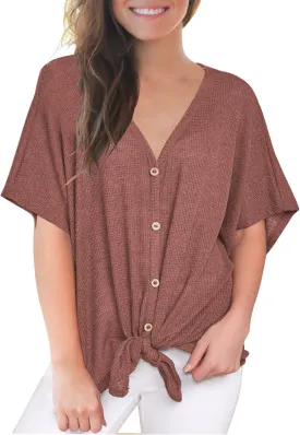 MIHOLL Womens Loose Blouse Short Sleeve V Neck Button Down T Shirts Tie Front Knot Casual Tops