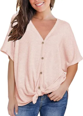 MIHOLL Womens Loose Blouse Short Sleeve V Neck Button Down T Shirts Tie Front Knot Casual Tops