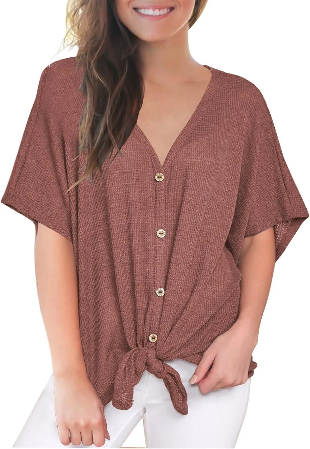 MIHOLL Womens Loose Blouse Short Sleeve V Neck Button Down T Shirts Tie Front Knot Casual Tops