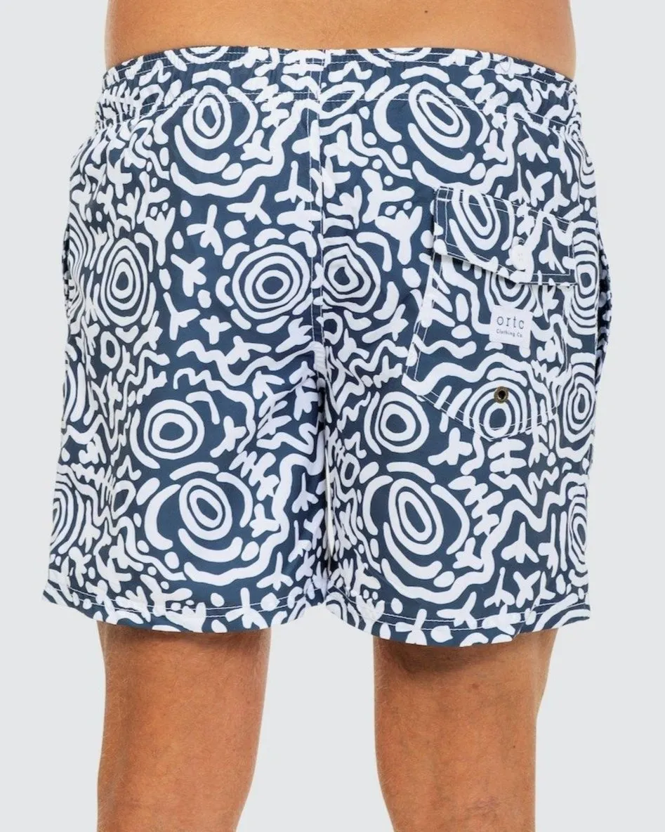 Ortc MENS NGARRINDJERI DREAMING SWIM SHORTS - BLUE WHITE
