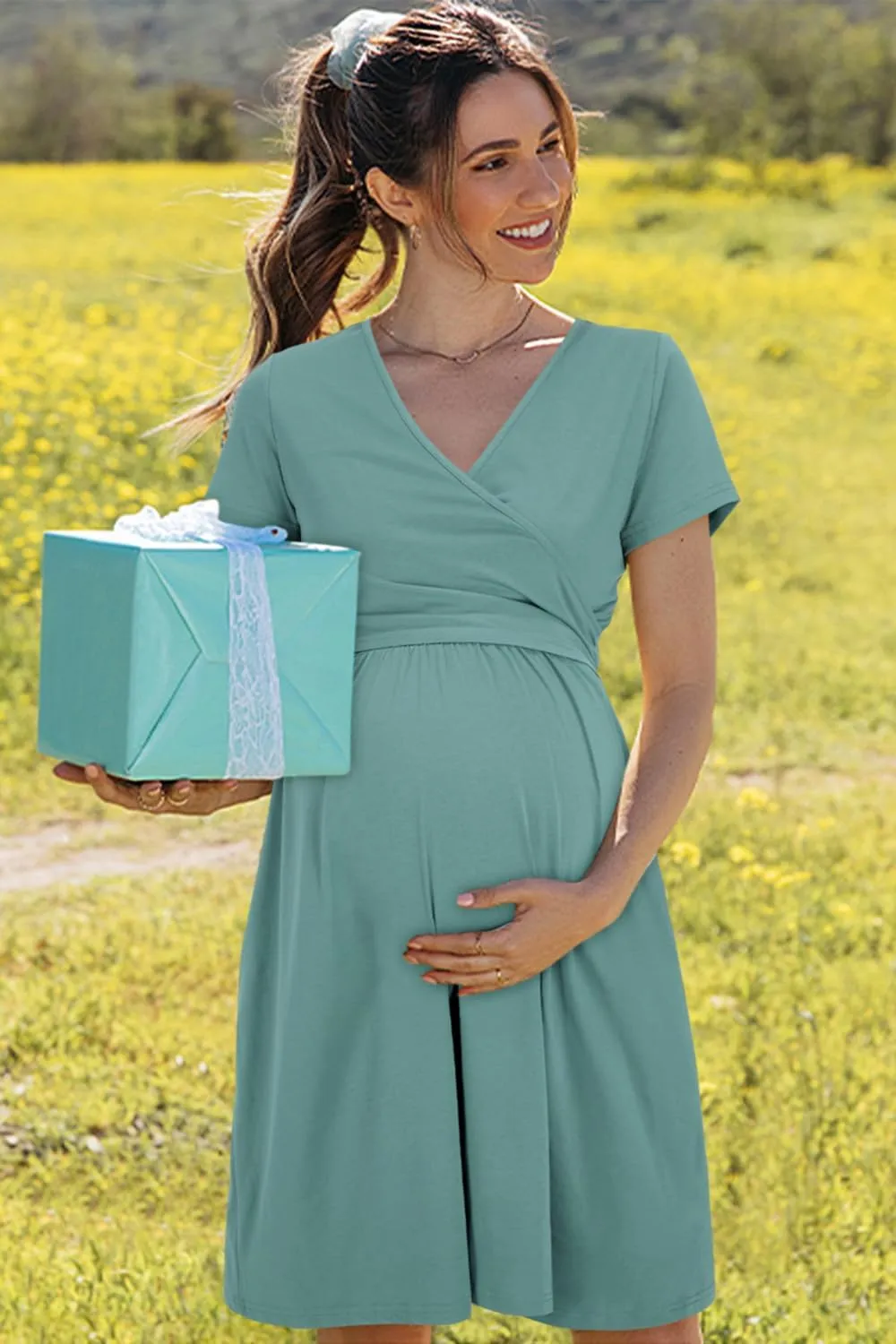 OUGES Women's 2025 Fashion V Neck Midi Dress with Pockets Maternity Clothes Nursing Dresses