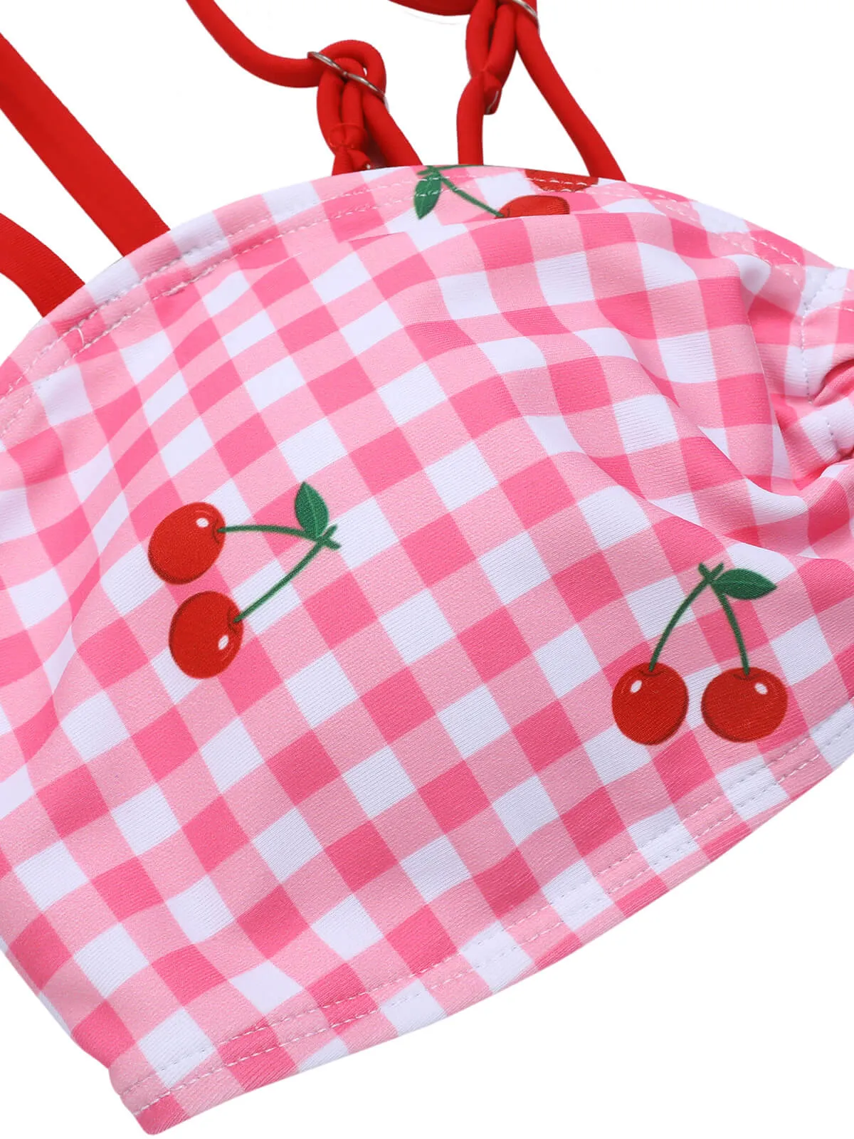 Pink 1950s Plaid & Cherry Strap Swimsuit