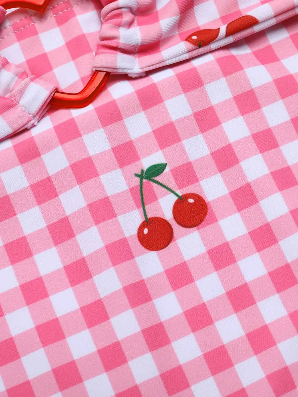Pink 1950s Plaid & Cherry Strap Swimsuit