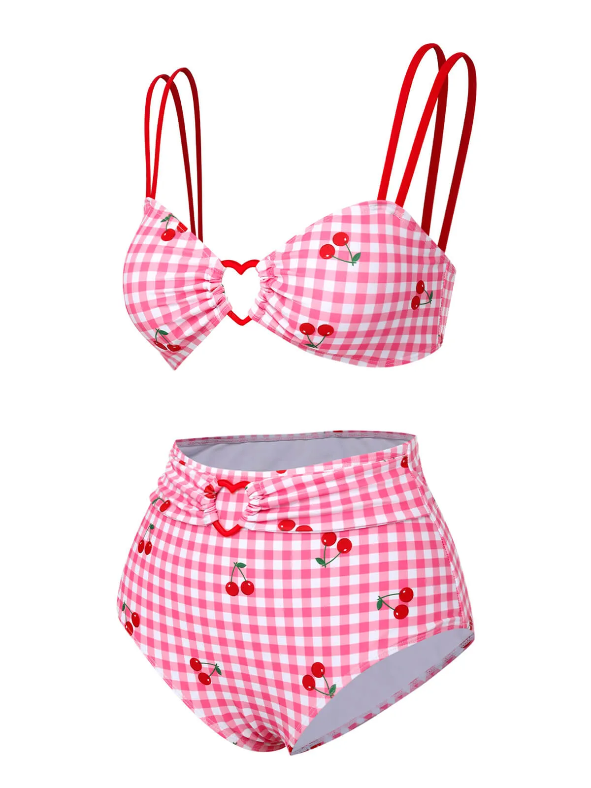 Pink 1950s Plaid & Cherry Strap Swimsuit