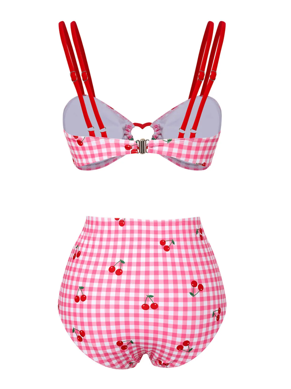 Pink 1950s Plaid & Cherry Strap Swimsuit