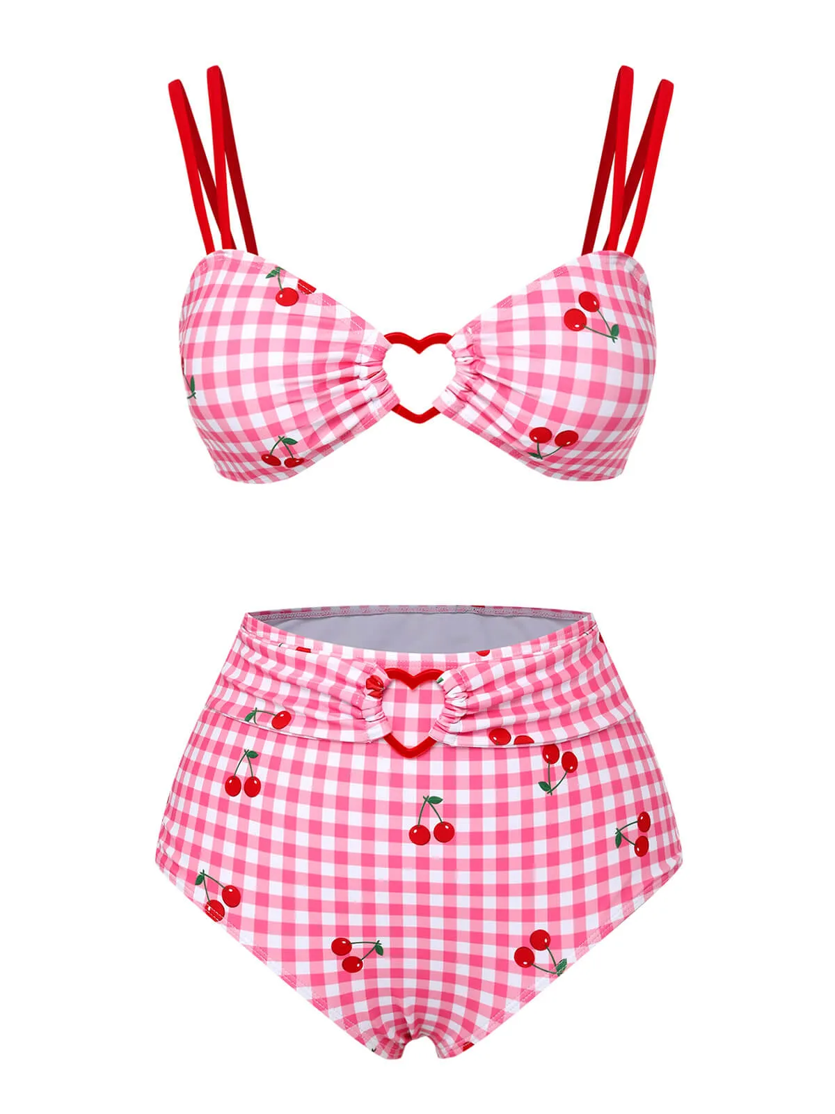 Pink 1950s Plaid & Cherry Strap Swimsuit