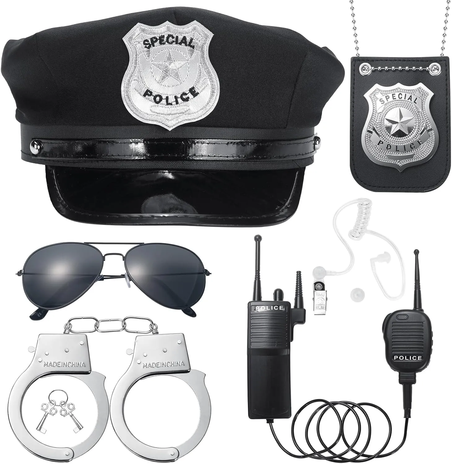 Police Costume Accessories, Cop Hat Police Officer Costume for Kids Boys Girls, Swat Dress Up with Detective Badge, Walkie Talkies, Toys Handcuffs for Halloween Role-play