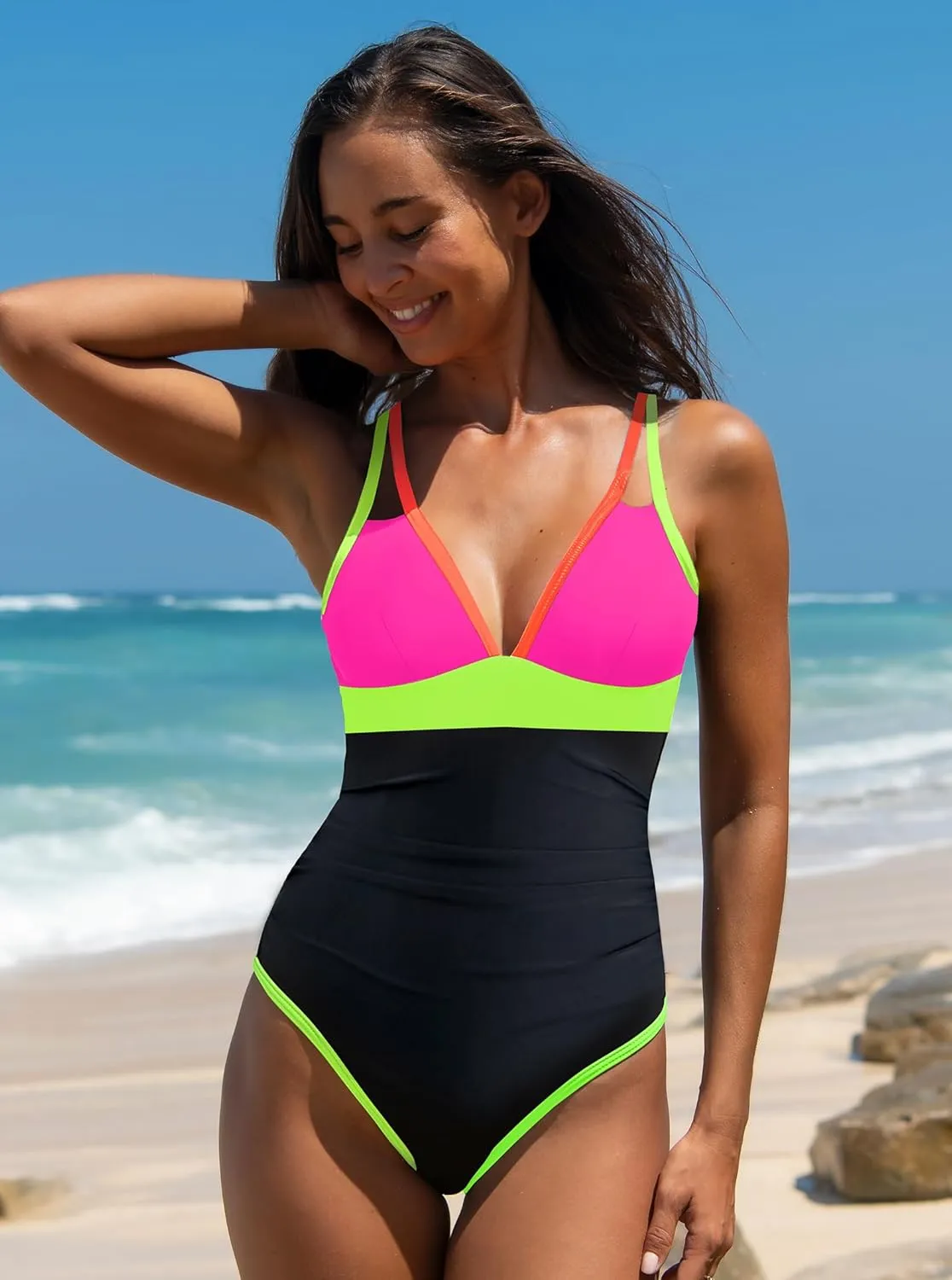 popvil Women's One Piece 2025 Tummy Control Swimsuits Neon Color Block Swimwear Deep V Neck Slimming Bathing Suit