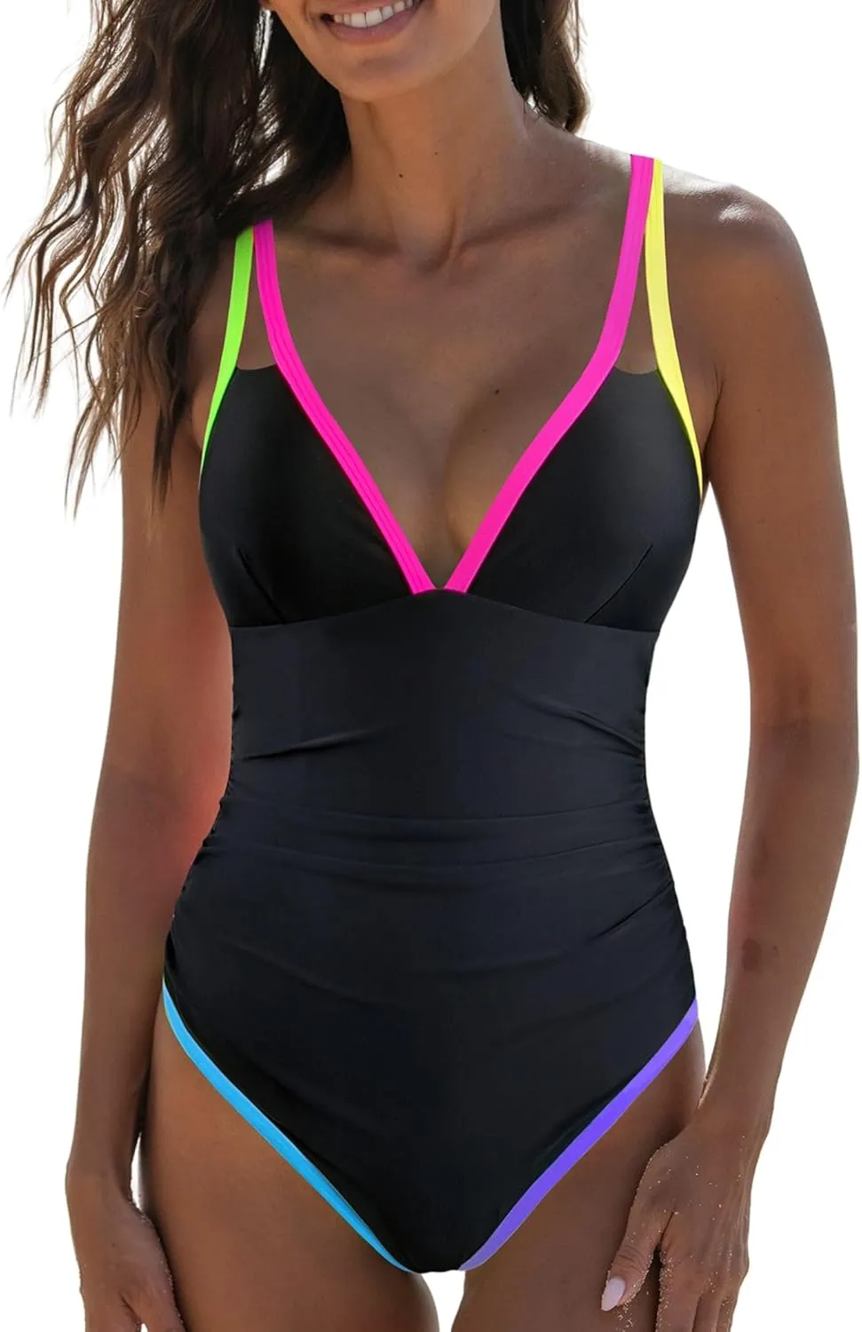 popvil Women's One Piece 2025 Tummy Control Swimsuits Neon Color Block Swimwear Deep V Neck Slimming Bathing Suit
