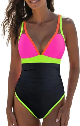 popvil Women's One Piece 2025 Tummy Control Swimsuits Neon Color Block Swimwear Deep V Neck Slimming Bathing Suit