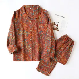 Red AOP Leaf Print Pure Cotton Pajama Set