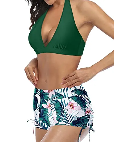 Removable Padding Push Up Bikini With Boyshort Two Piece Swimsuit-Green Tropical Floral