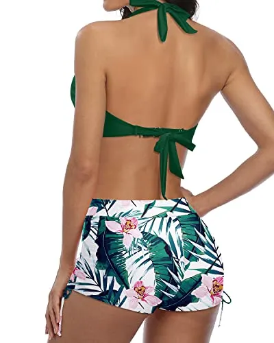 Removable Padding Push Up Bikini With Boyshort Two Piece Swimsuit-Green Tropical Floral